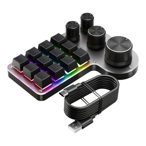 Kabelová makro klávesnica 12 kláves a 4 otočné gombíky USB-C Mechanické spínače Hot swap RGB podsvietenie pre hry a strih