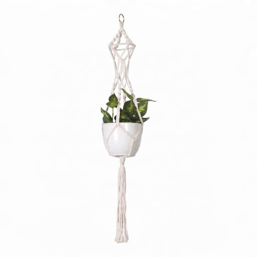 Macramé ophæng til plantekrukker med geometrisk flettet konstruktion og metalring 90 cm Snor lavet af plantefibre Hvid Boho dekoration
