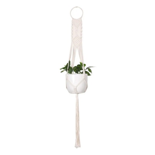 Hamac en macramé pour pot de fleurs avec grand cercle et panneau en losange 105 cm Corde en fibres végétales Blanche Décoration Boho
