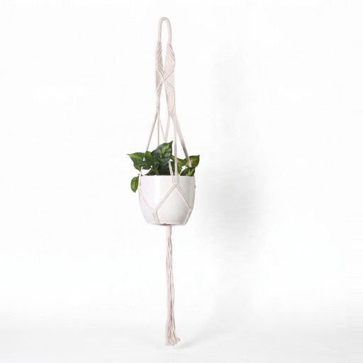 Hamac en macramé pour pot de fleurs avec une longue anse et un motif tressé croisé de 105 cm Corde en fibres végétales Blanche Décoration Boho