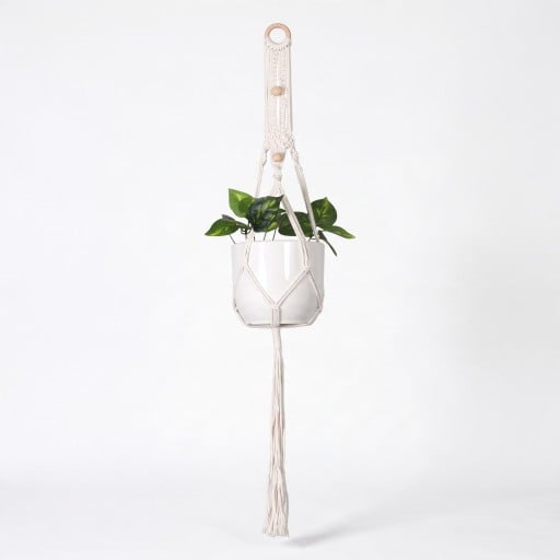 Macramé ophæng til plantekrukker med træring og flettet bånd med perler 100 cm Snor lavet af plantefibre Hvid Boho dekoration