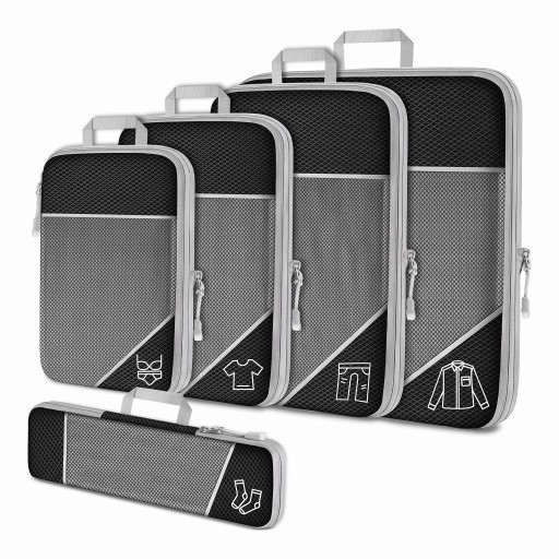 Conjunto de 5 organizadores de compressão para mala 35 x 10 cm até 40 x 40 cm Cubos de arrumação em rede com pega Para roupa e viagens