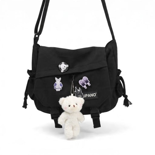 Messenger taske over skulderen 29 x 23 cm Oxford stof Sort Crossbody taske med mærker og plysbamse vedhæng Til skolen