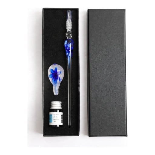 Glasdipfeder mit Blume 19 cm Set mit Halter und Tinte In Geschenkbox Für Kalligraphie