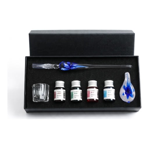 Glas Dip Pen mit Blume 19 cm Set mit 4 Tinten, Ständer und Glasbehälter In Geschenkbox Für Kalligraphie