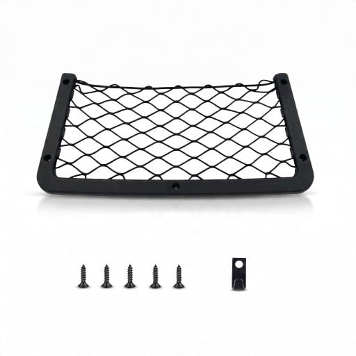 Úložná síť do auta a karavanu s háčkem 36 x 18 cm Pružná síťka s pevným rámem z ABS Na dveře stěnu i opěradlo Černá Montáž šrouby