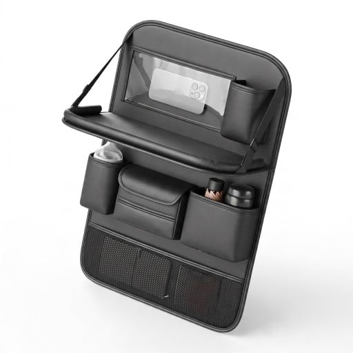 Organizér na opěradlo auta s rozkládacím stolkem 64 x 45 cm Kůže Držák na tablet pití a kapesníky Pro cestující vzadu