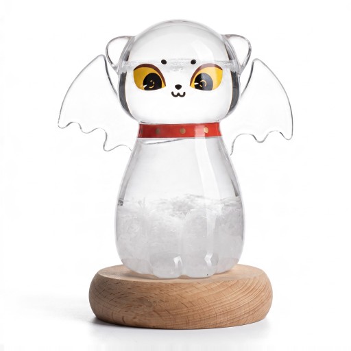Bouřkové sklo Storm Glass ve tvaru kočky s netopýřími křídly 11 x 10 cm Skleněný barometr s krystaly Dekorace na stůl