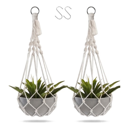 Makramé ophæng til blomsterkrukker 2 stk Hvid 50 cm med metalring og 2 S kroge Håndlavet i boho stil til stueplanter og balkon