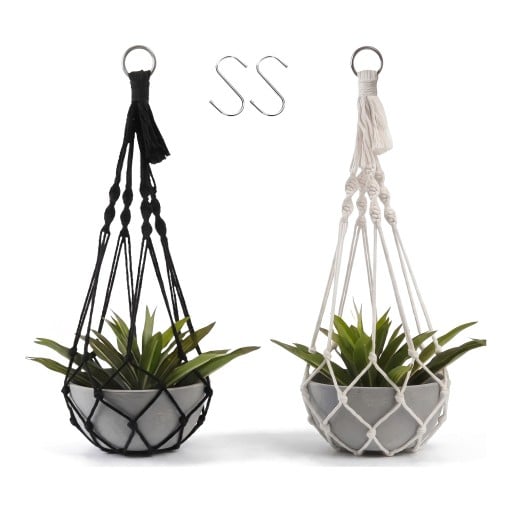Makramé ophæng til blomsterkrukker 2 stk Hvid og sort 50 cm med metalring og 2 S kroge Håndlavet i boho stil til stueplanter
