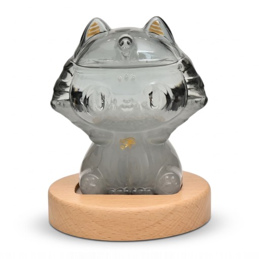 Bouřkové sklo Storm Glass ve tvaru sedící kočky 11 x 12 cm Šedý skleněný barometr s krystaly Dřevěný podstavec Dekorace na stůl