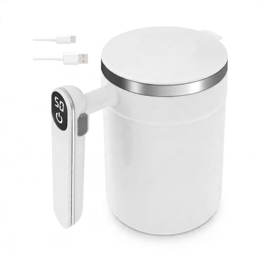 Cana automată de amestecare 13,5 x 9 x 14 cm pentru 400 ml cu capac și display de temperatură în mâner, încărcată prin USB-C, de culoare albă