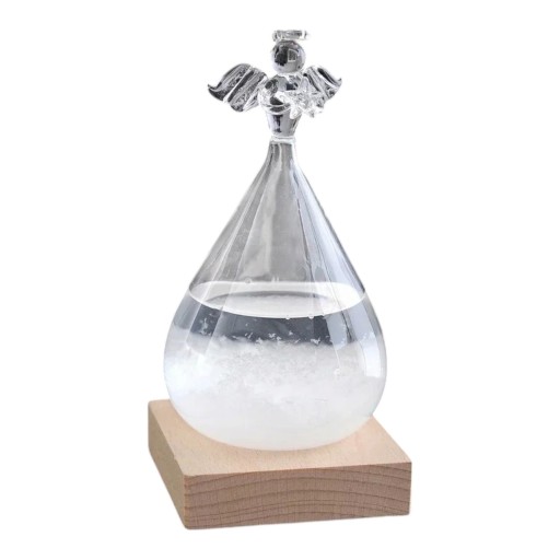 Bouřkové sklo Storm Glass ve tvaru kapky s andělem 7 x 14 cm Průhledný skleněný barometr s krystaly Dřevěný podstavec Dekorace na stůl