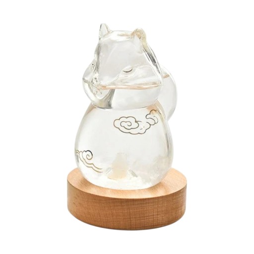 Bouřkové sklo Storm Glass ve tvaru kočky s obláčky 12,3 x 8 cm Skleněný barometr s krystaly Kulatý dřevěný podstavec