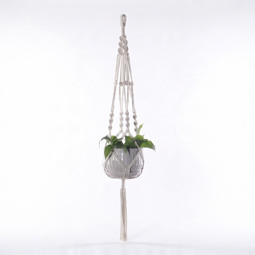 Makramé ophæng til plantekrukker med løkke og spiralformede knuder 105 cm Håndlavet bomuldsreb Hvid Boho dekoration til stueplanter