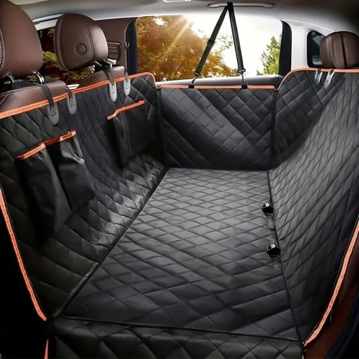 Vandtæt bagsædebetræk til hund i bilen Hængekøje med lynlås og sideflapper Bredde 133 cm Oxford polyester Sort med orange kant