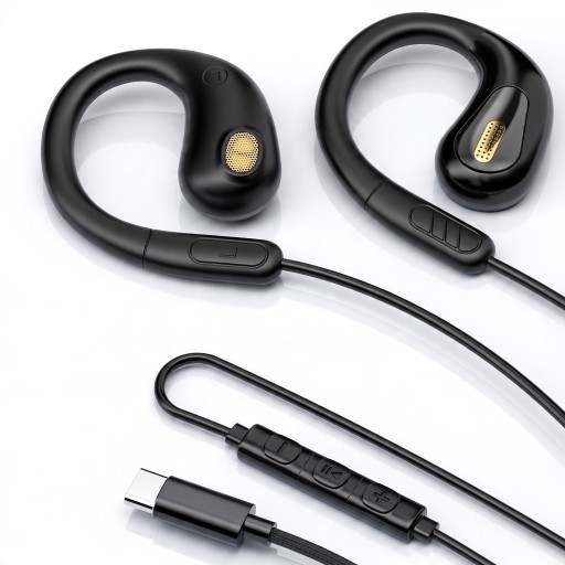 Drátová sluchátka s háčky za uši Otevřený poslech Konektor USB-C Měnič 13 mm Mikrofon a ovladač Kabel 1,2 m Na hudbu