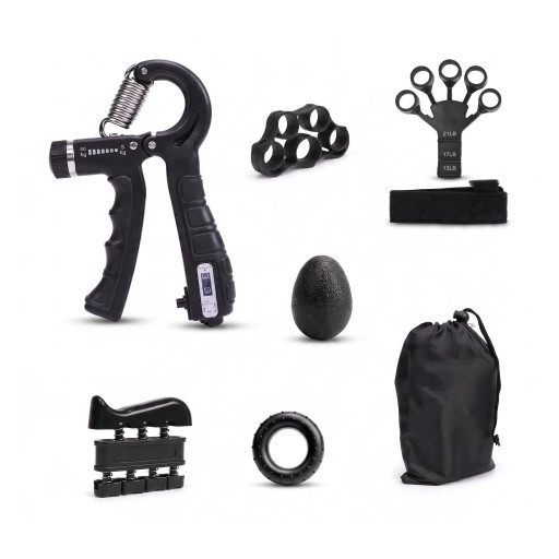 Conjunto de fortalecimento de mãos e dedos - Fortalecedor de pegada 5 - 60 kg com contador, 3 fortalecedores de dedos, Anel, Bola e Saco Preto Treino