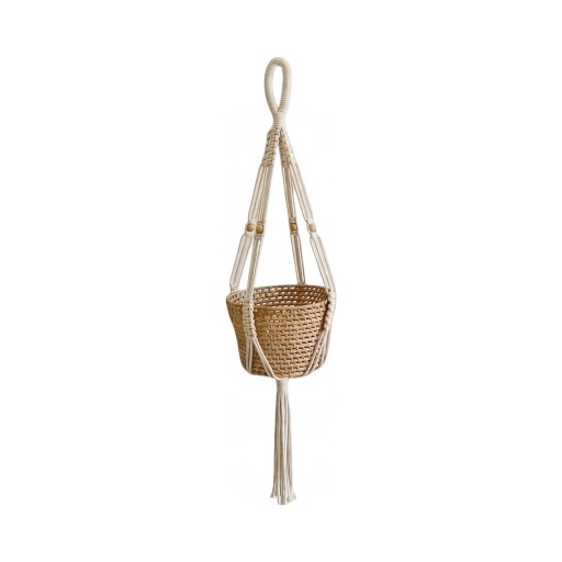 Makramé ophæng til plantekrukker 90 cm Lige flettede bånd og træperler Håndflettet bomuldsreb Beige Boho dekoration til planter