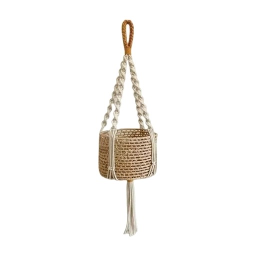 Makramé ophæng til blomsterkrukke 90 cm Tykke snoede knuder Håndlavet bomuldsreb Beige med orange sløjfe Boho dekoration til planter