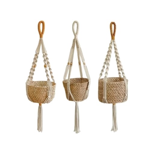Sæt af makramé ophæng til blomsterpotter 90 cm Tre forskellige mønstre med spiralknuder og perler Håndlavet bomuldsreb Beige Boho dekoration