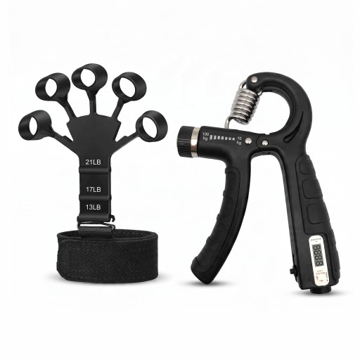 Conjunto de fortalecimento de mão e dedos - Fortalecedor de pegada 10 - 100 kg com contador e fortalecedor de dedos com faixa para pulso Preto Treino