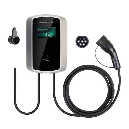 Wallbox Typ 2 7,2 kW 32 A 1-phasige Ladestation mit 5 m Kabel, WiFi-App und RFID, LCD-Display, Silber-Schwarz, Heimladen