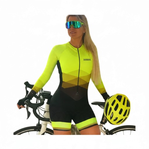 Women's Cycling Set Long Sleeve Jersey and Shorts Fitted Elastic Fit Zip Polyester and Spandex Neon Yellow with Black