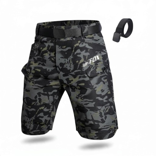 Men's Cycling Shorts with Belt Side Cargo Pockets Elastic Waist Loose Fit Cotton and Polyester Knee-Length Black Camouflage