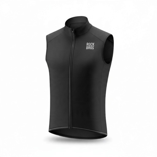 Men's Sleeveless Cycling Gilet Full Length Zip Stand-Up Collar Fitted Cut Polyester with Nylon and Elastane Black