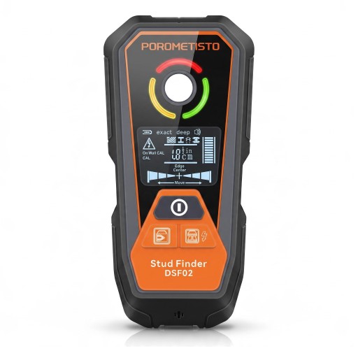 Vægdetektor POROMETISTO DSF02 6v1 med LCD-display og opladning via USB-C, metal detektion op til 120 mm og ledninger op til 50 mm, orange-sort