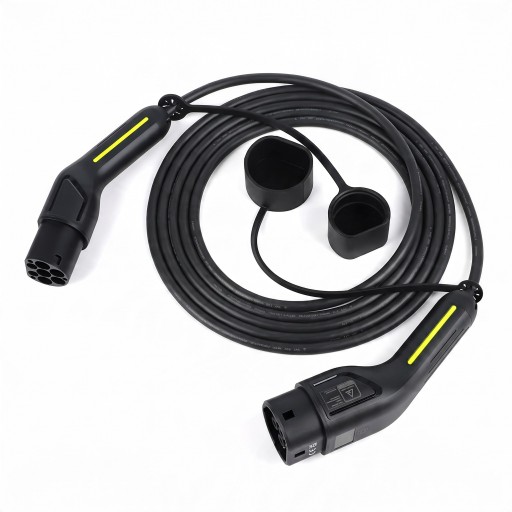 Ladekabel für Elektroautos Typ 2 auf Typ 2 7 kW 32 A einphasig Länge 5 m Fluoreszierender Streifen Schwarz Für Wallbox und öffentliche Stationen