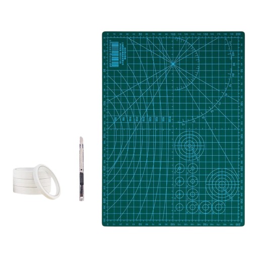 Sæt med A4 skæremåtte 30 x 22 cm med hobbykniv og dobbeltklæbende tape, 3 mm PVC mørkegrøn til papir og modelbyggeri