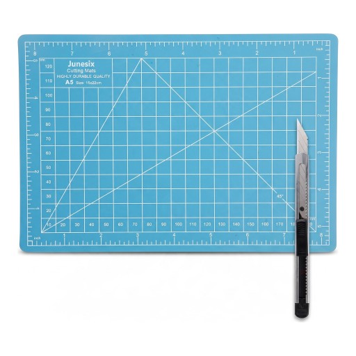 Skæremåtte A5 22 x 15 cm med hobbykniv sæt til små kreative projekter gitter i millimeter og tommer PVC blå til scrapbooking
