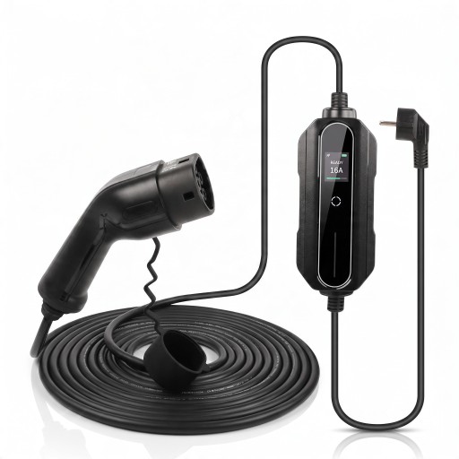 Tragbare Ladestation für Elektroautos Typ 2 Stecker Schuko 3,6 kW 6 bis 16 A Kabel 10 m LCD-Display IP66 Schwarz Für normale Steckdose