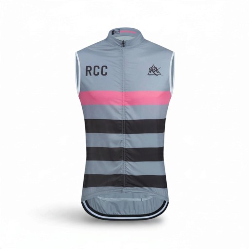 Men's Sleeveless Cycling Gilet Full-Length Zip Stand-Up Collar Extended Back Polyester Grey with Pink and Black Stripes