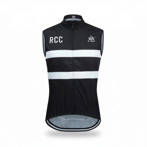 Men's Cycling Gilet with Full-Length Zip Stand-Up Collar Extended Back Stretch Hem Polyester Black with White Stripes