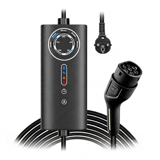 Tragbare Ladestation für Elektroautos Typ 2 3,5 kW 6 bis 16 A Kabel 5 m Geplantes Laden Wasserdicht IP65 Schuko-Stecker Schwarz