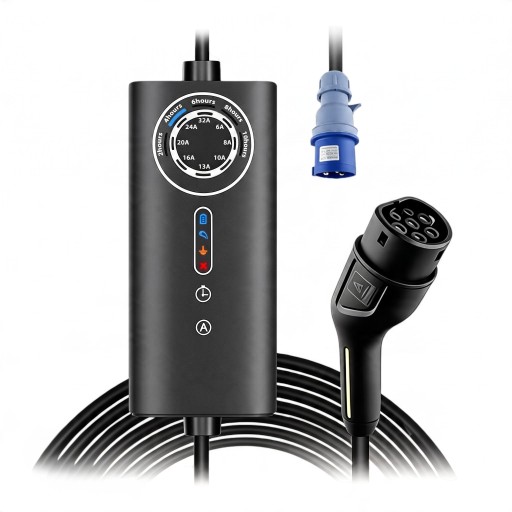 Tragbare Ladestation für Elektrofahrzeuge Typ 2 7,4 kW 32 A 1-phasig Kabel 5 m Geplantes Laden Wasserdicht IP65 CEE-Stecker Schwarz