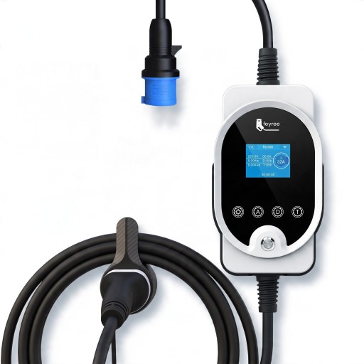 Tragbare Ladestation für Elektrofahrzeuge Typ 2 7 kW 32 A 1-phasig WiFi-App Kabel 5 m CEE-Stecker IP66 Schwarz-weiß Wandmontage möglich