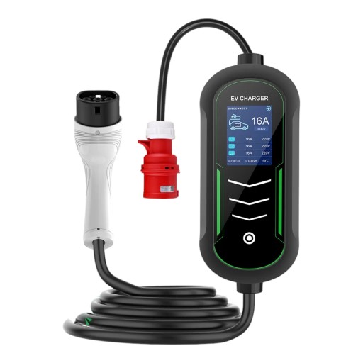 Tragbare Ladestation für Elektroautos Typ 2 11 kW 16 A 3-phasig Kabel 5 m Ladeplanung LCD-Display CEE-Stecker IP65 Schwarz