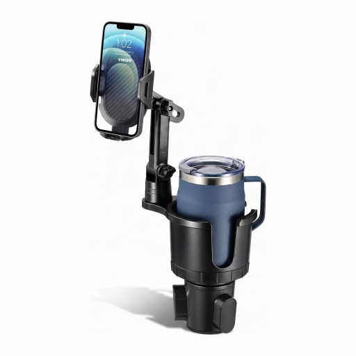 Rozšiřovač držáku nápojů s držákem telefonu 2v1 kalíšek 10,4 cm s výřezem na ucho otočné rameno 360° plast a kov černý do auta