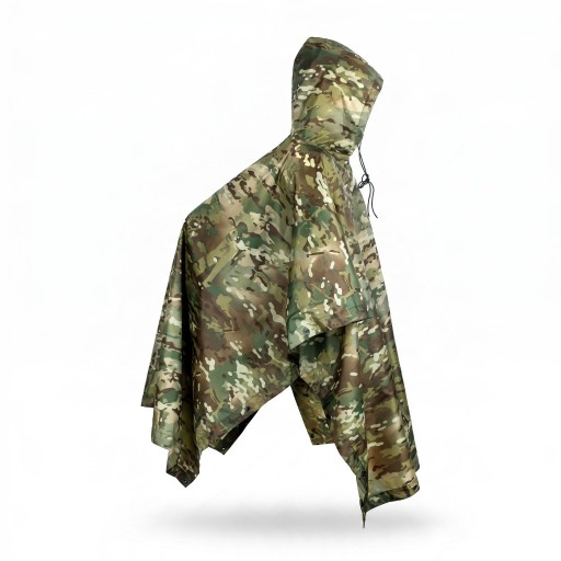 Maskáčové pončo pláštěnka s kapucí šířka 140 cm polyester s PU vrstvou skládací s úložným vakem pro turistiku unisex