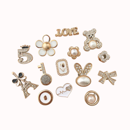 14 ks Dekorace na crocsy sada kamínkové motivy ABS zlatá ozdoby do nazouváků doplňky do děrovaných bot elegantní styl