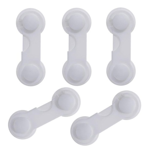 Säkerhetslås för möbler 5 st Självhäftande barnlås för skåpdörrar och lådor med krok Vit plast ABS Mått 9 x 3 cm