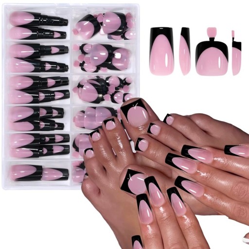144 pcs conjunto de unhas francesas para mãos e pés formato quadrado unhas artificiais acrílicas brilhantes 12 tamanhos manicure e pedicure