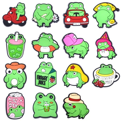 15 db dekoráció crocsyhoz különböző békák PVC színes díszek crocs lábbelikhez kiegészítő szett klumpákhoz béka motívummal