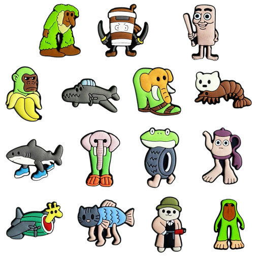 15 ks dekorace na crocsy internetové brainrot postavičky PVC sada ozdob do nazouvací obuvi doplňky do otvorů bot