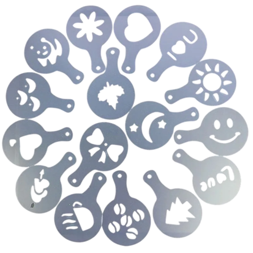 16 τεμ. πλαστικά καλούπια για καπουτσίνο 13 x 8,3 εκ. Διακοσμητικά καλούπια για καφέ ζάχαρη άχνη κακάο κανέλα Σαπούνια για latte art