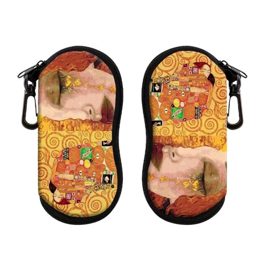 17,9 x 8,5 cm-es szemüvegtok Klimt stílusú művészi festmény motívummal Arany díszítések Karabiner Cipzáras záródás